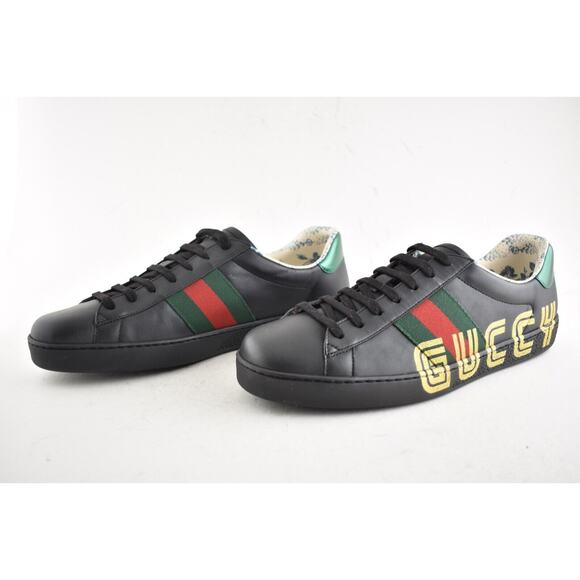 Gucci Mens Black New Ace Guccy Leather Gold Flat Low Top Lace Sneakers G 6.5 7.5 - Picture 9 of 12